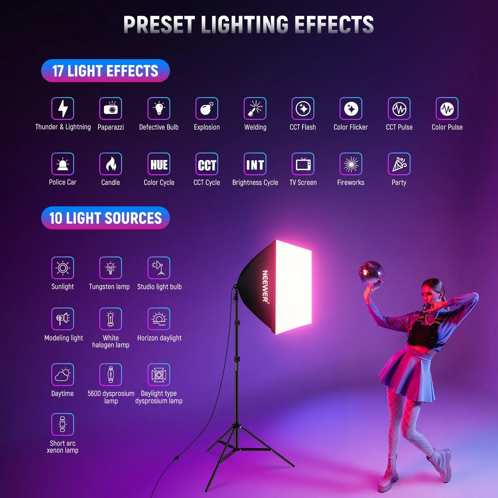 Neewer NK800 Kit de Softbox LED RGB 24W App, Soportes y Maleta (T° 2700 a 6500K) CRI 93+ - Imagen 7