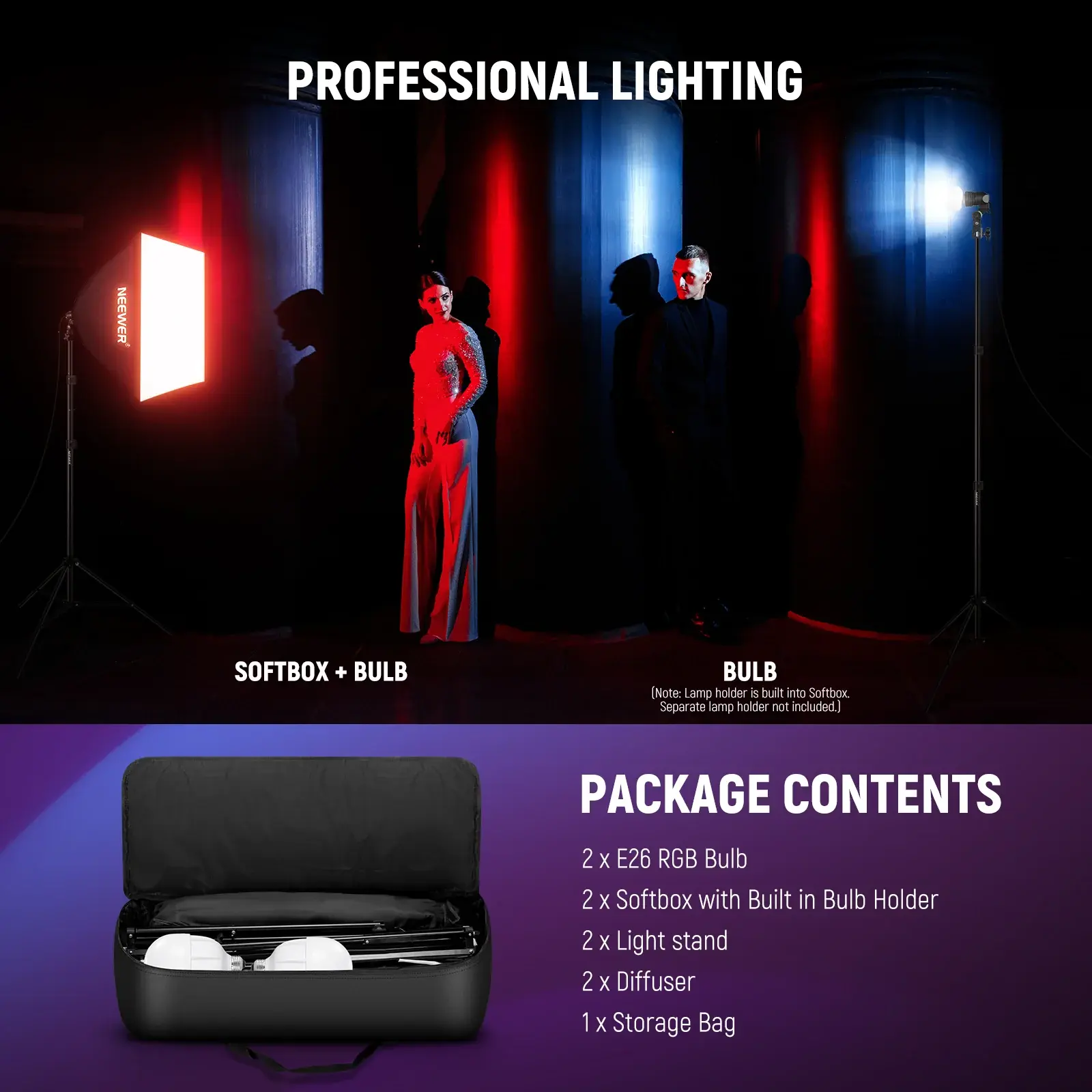 Neewer NK800 Kit de Softbox LED RGB 24W App, Soportes y Maleta (T° 2700 a 6500K) CRI 93+ - Imagen 3