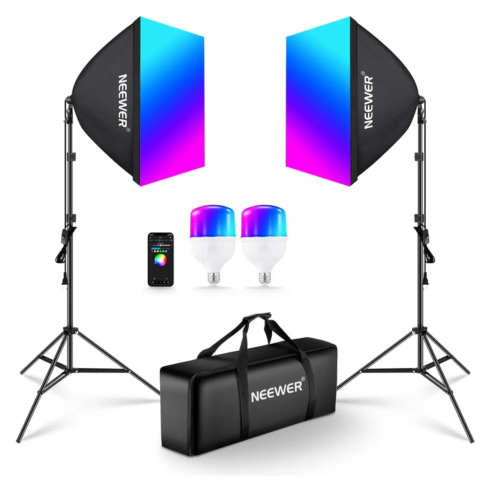 Neewer NK800 Kit de Softbox LED RGB 24W App, Soportes y Maleta (T° 2700 a 6500K) CRI 93+