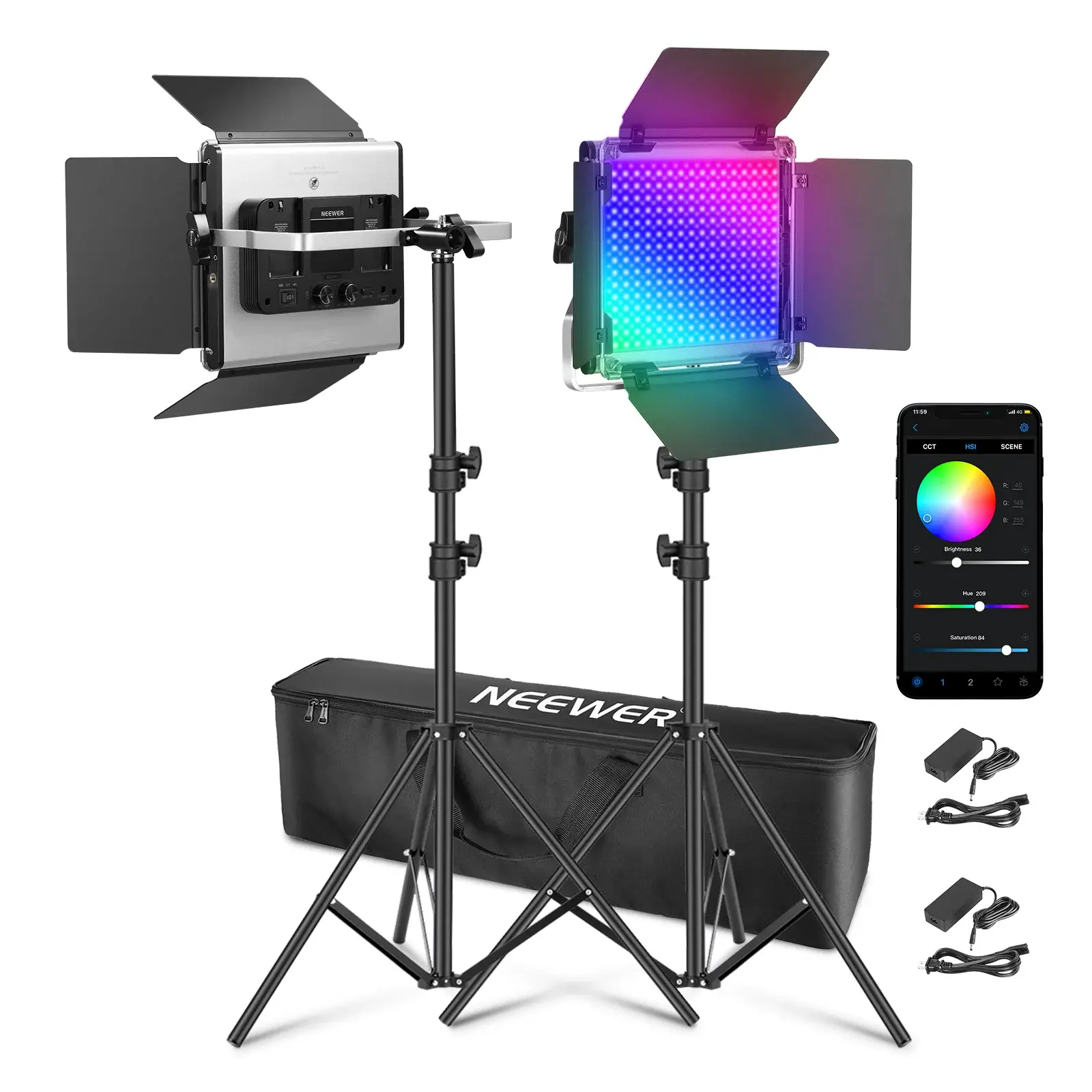 Neewer 660 PRO II RGB Kit de 2 Panel LED de 50W con App, Soportes y Maleta (T° 3200 a 5600K) CRI 97+