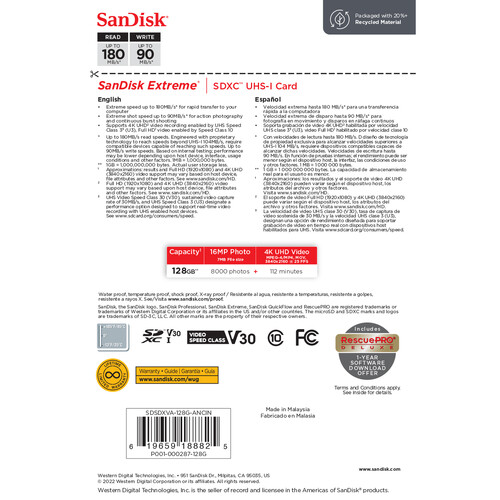 SanDisk 128GB Extreme UHS-I SDXC Tarjeta de Memoria SD / SDSDXVA-128G-GNCIN - Imagen 5