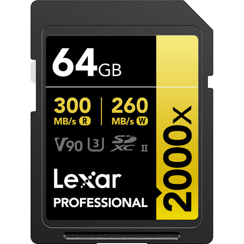 Lexar 64GB 2000x SDXC-UHS-II V90 300/260mbs 8K Gold