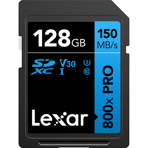 Lexar 128GB de Alto Rendimiento 800xPro SDXC-UHS-I V30 150 MB/s. Serie BLUE / LX20001