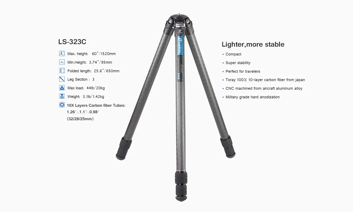 Leofoto LS-323C+LH-40 Kit Trípode Fibra de Carbono de 3 Secciones Serie Ranger. - Imagen 4