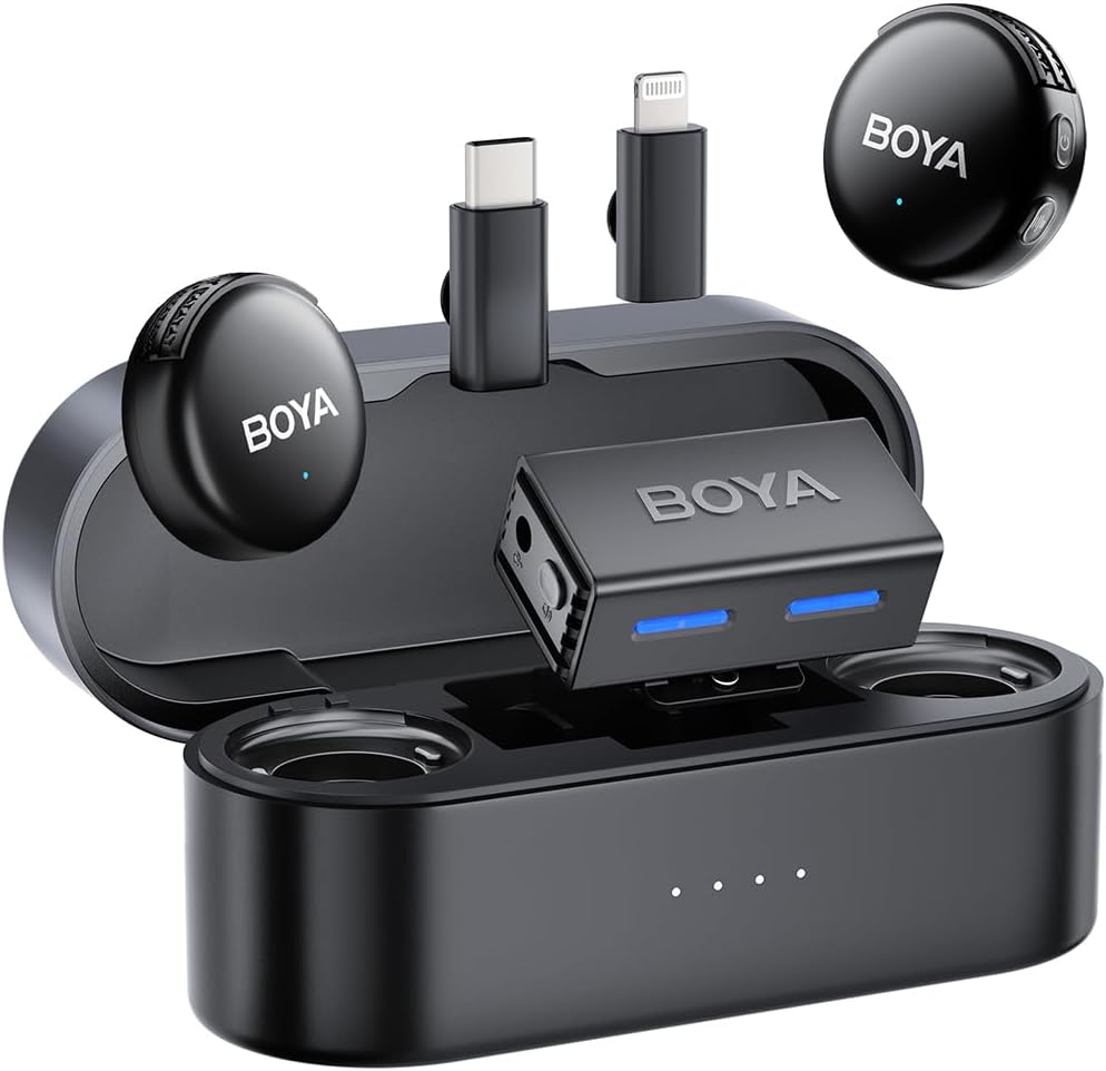 BOYA BOYALINK 3 Kit Lavalier Inalámbrico 3 en 1 con IA - Conectores USB-C, Lightning y 3.5mm (2,4GHz)