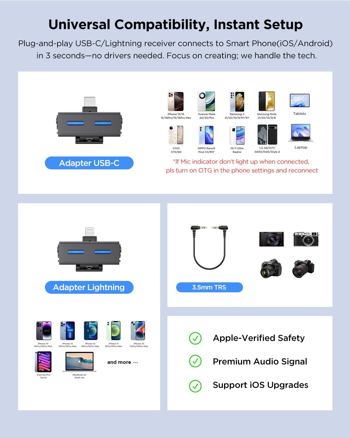 BOYA BOYALINK 3 Kit Lavalier Inalámbrico 3 en 1 con IA - Conectores USB-C, Lightning y 3.5mm (2,4GHz) - Imagen 2