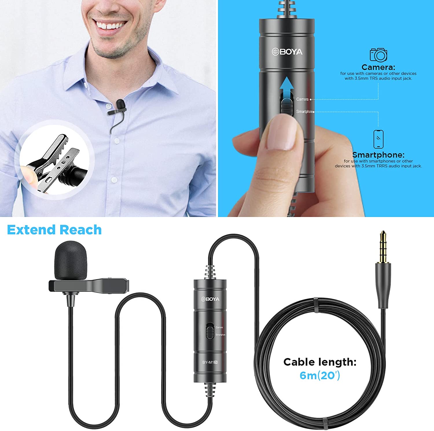 Boya BY-M1S Micrófono Lavalier con Cable de 6m - Imagen 2
