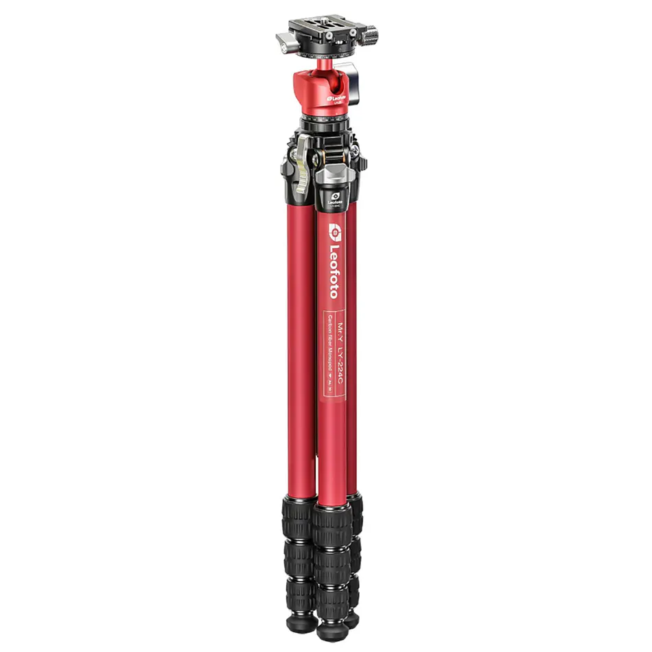 LEOFOTO LY-224C+LH25R Kit Trípode Carbono Ranger de 4 Secciones ROJO con Cabezal de Rotula (Sop. Hasta 6kg) - Imagen 2
