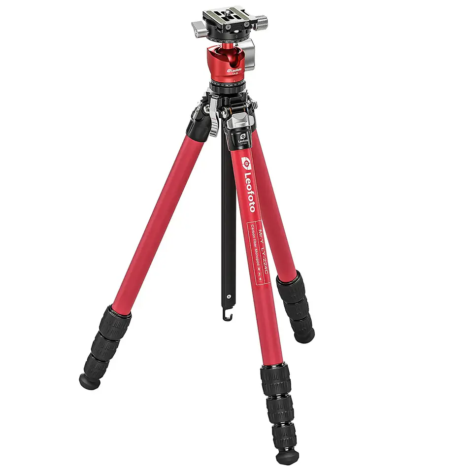 LEOFOTO LY-224C+LH25R Kit Trípode Carbono Ranger de 4 Secciones ROJO con Cabezal de Rotula (Sop. Hasta 6kg)