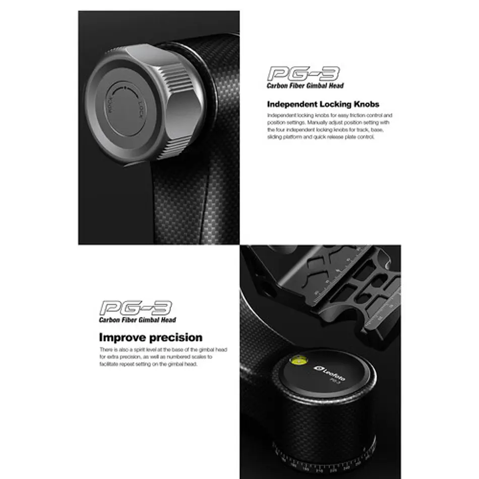 Leofoto PG-3 Cabezal Gimbal de Fibra de Carbono con Capacidad hasta 25Kg - Imagen 8